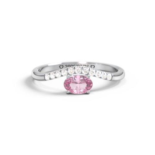 East-West Oval Gemstone Curved Ring with Accents – 10K White Gold with Pink Tourmaline and Cubic Zirconia