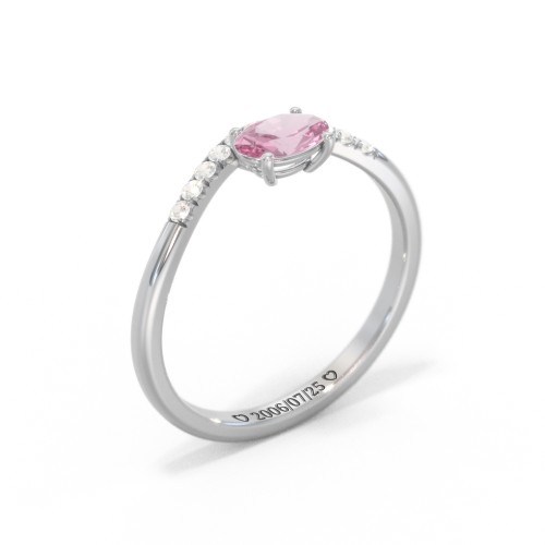 East-West Oval Gemstone Curved Ring with Accents – 10K White Gold with Pink Tourmaline and Cubic Zirconia