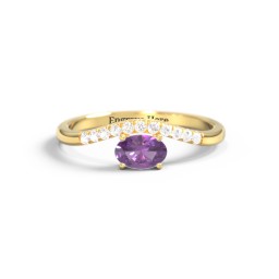 East-West Oval Gemstone Curved Ring with Accents in 10K Solid Yellow Gold with Amethyst and Cubic Zirconia