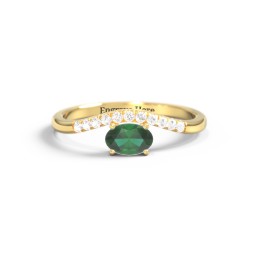 East-West Oval Gemstone Curved Ring with Accents in 10K Solid Yellow Gold with Emerald and Cubic Zirconia