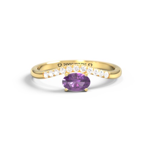 East-West Oval Gemstone Curved Ring with Accents – 10K Yellow Gold with Amethyst and Cubic Zirconia
