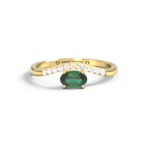 East-West Oval Gemstone Curved Ring with Accents – 10K Yellow Gold with Emerald and Cubic Zirconia