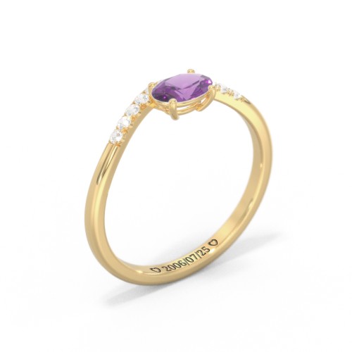 East-West Oval Gemstone Curved Ring with Accents – 10K Yellow Gold with Amethyst and Cubic Zirconia