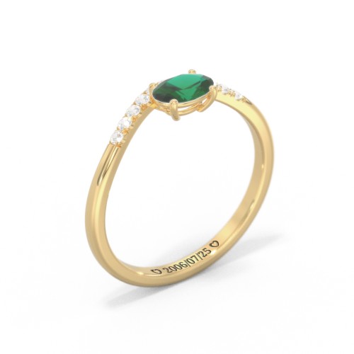 East-West Oval Gemstone Curved Ring with Accents – 10K Yellow Gold with Emerald and Cubic Zirconia