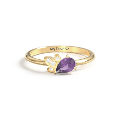 Pear Gemstone Ring with Leaf Motif Accent Stones – 18K Gold Plated Silver with Amethyst and Cubic Zirconia