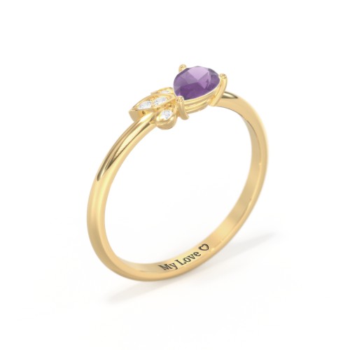 Pear Gemstone Ring with Leaf Motif Accent Stones – 18K Gold Plated Silver with Amethyst and Cubic Zirconia