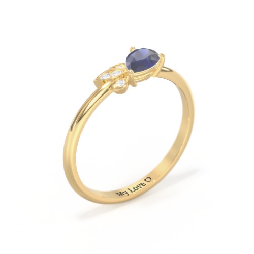 Pear Gemstone Ring with Leaf Motif Accent Stones – 18K Gold Plated Silver with Blue Sapphire and Cubic Zirconia