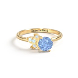 Round Gemstone Ring with Petal Accents in 18K Gold Plated Silver with Fancy Blue Premium Zirconia and Blue Topaz