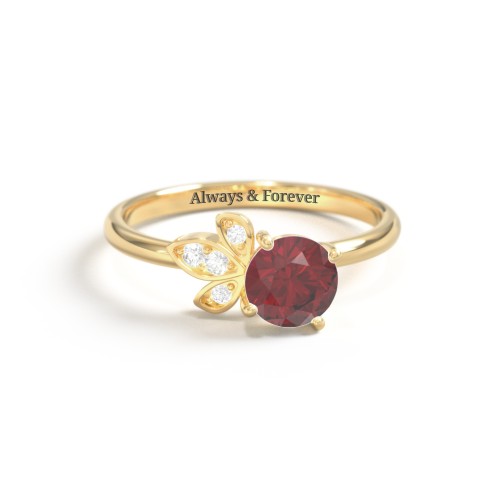 Round Gemstone Ring with Petal Accents – 10K Yellow Gold with Red Premium Zirconia, Cubic Zirconia, and White Premium Zirconia