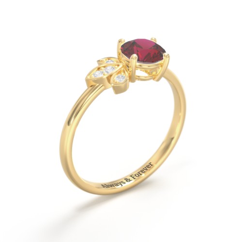 Round Gemstone Ring with Petal Accents – 10K Yellow Gold with Red Premium Zirconia, Cubic Zirconia, and White Premium Zirconia