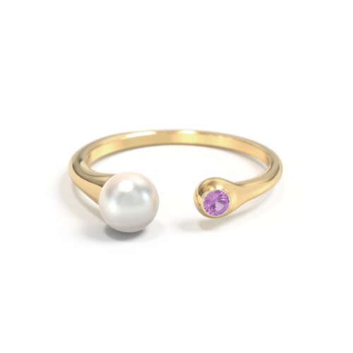 Pearl And Birthstone Open Cuff Ring – 10K Yellow Gold with Freshwater Pearl and Amethyst