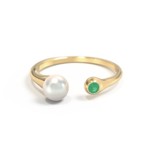 Pearl And Birthstone Open Cuff Ring – 10K Yellow Gold with Freshwater Pearl and Emerald