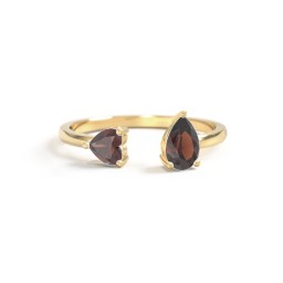 Heart & Pear Gemstone Open Cuff Ring in 18K Gold Plated Silver with Garnet
