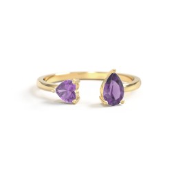 Heart & Pear Gemstone Open Cuff Ring in 18K Gold Plated Silver with Amethyst