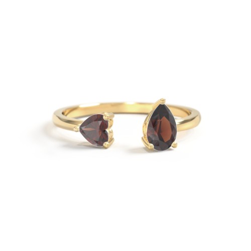 Heart & Pear Gemstone Open Cuff Ring – 18K Gold Plated Silver with Garnet