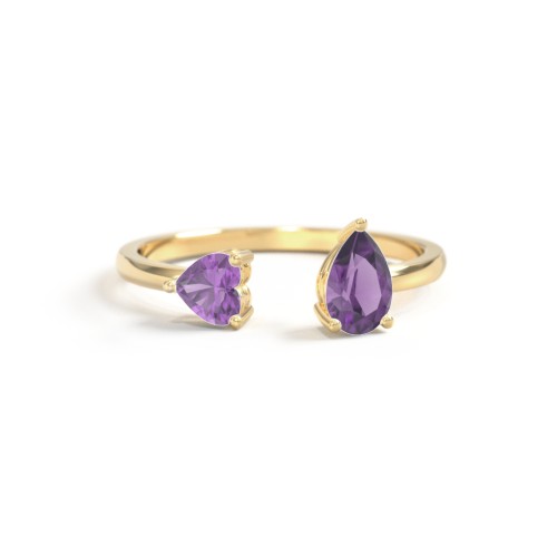 Heart & Pear Gemstone Open Cuff Ring – 18K Gold Plated Silver with Amethyst