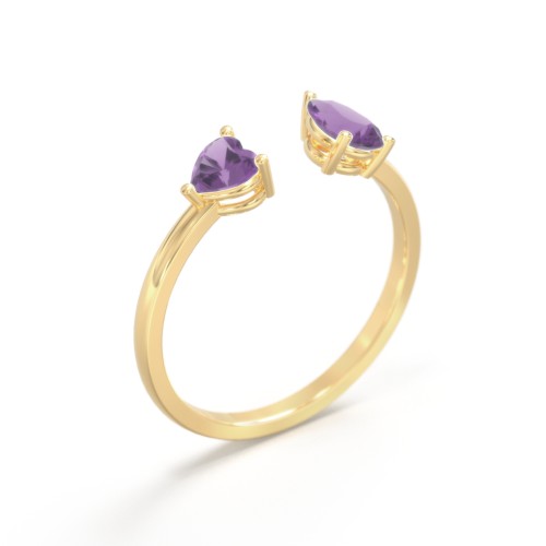 Heart & Pear Gemstone Open Cuff Ring – 18K Gold Plated Silver with Amethyst