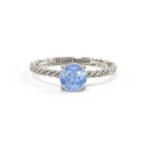 Solitaire Gemstone Ring with Twisted Rope & Bead Band – 10K White Gold with Fancy Blue Premium Zirconia