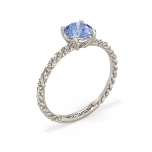 Solitaire Gemstone Ring with Twisted Rope & Bead Band – 10K White Gold with Fancy Blue Premium Zirconia
