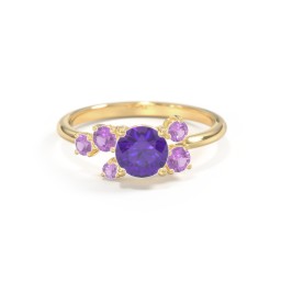 Round Gemstone Ring with Scattered Side Stones in 10K Solid Yellow Gold with Amethyst Premium Zirconia and Amethyst