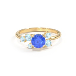 Round Gemstone Ring with Scattered Side Stones in 10K Solid Yellow Gold with Fancy Blue Premium Zirconia and Blue Topaz