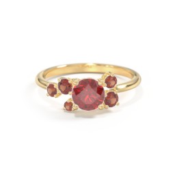 Round Gemstone Ring with Scattered Side Stones in 10K Solid Yellow Gold with Red Premium Zirconia and Garnet