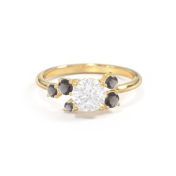 Round Gemstone Ring with Scattered Side Stones in 10K Solid Yellow Gold with White Premium Zirconia and Smokey Quartz