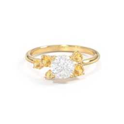 Round Gemstone Ring with Scattered Side Stones in 10K Solid Yellow Gold with White Premium Zirconia and Citrine