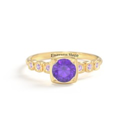 Round Gemstone Cube Ring with Star Set Accents in 18K Gold Plated Silver with Amethyst Premium Zirconia and Amethyst