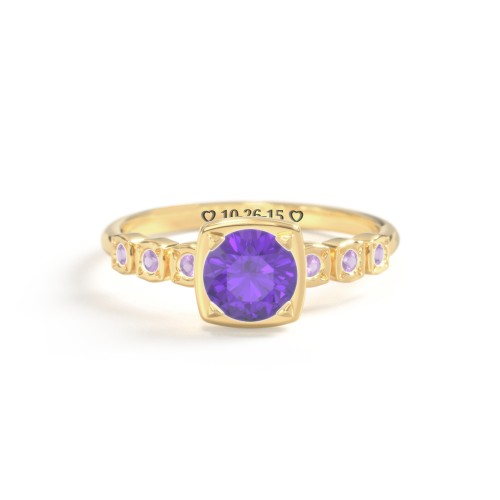 Round Gemstone Cube Ring with Star Set Accents – 18K Gold Plated Silver with Amethyst Premium Zirconia and Amethyst
