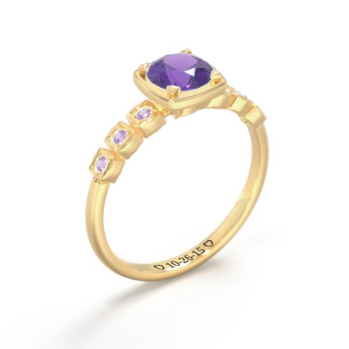 Round Gemstone Cube Ring with Star Set Accents – 18K Gold Plated Silver with Amethyst Premium Zirconia and Amethyst