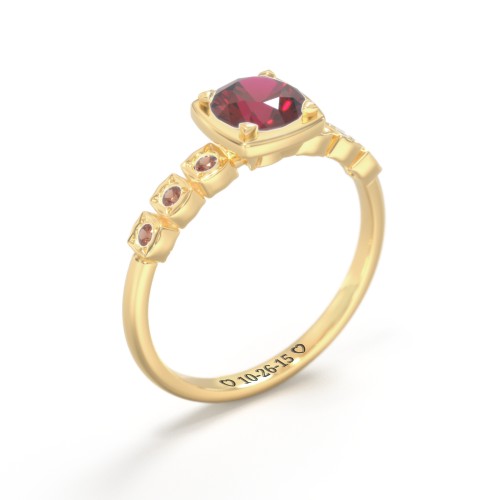 Round Gemstone Cube Ring with Star Set Accents – 18K Gold Plated Silver with Red Premium Zirconia and Garnet