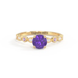 Round Gemstone Ring With Milgrain & Accents in 18K Gold Plated Silver with Amethyst Premium Zirconia, Amethyst, and White Premium Zirconia