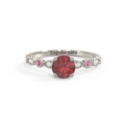 Round Gemstone Ring With Milgrain & Accents in 10K Solid White Gold with Red Premium Zirconia, Ruby, and White Premium Zirconia