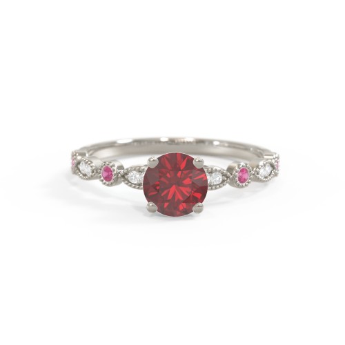 Round Gemstone Ring With Milgrain & Accents – 10K White Gold with Red Premium Zirconia, Ruby, and White Premium Zirconia