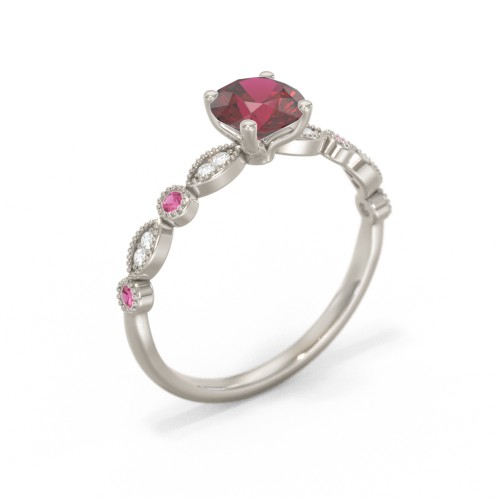 Round Gemstone Ring With Milgrain & Accents – 10K White Gold with Red Premium Zirconia, Ruby, and White Premium Zirconia