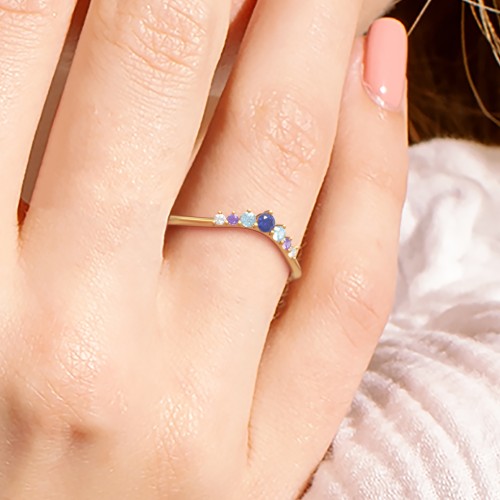 Curved Band with Tapered Accent Stones – 10K White Gold with Cubic Zirconia, Pink Tourmaline, Amethyst, and Blue Topaz