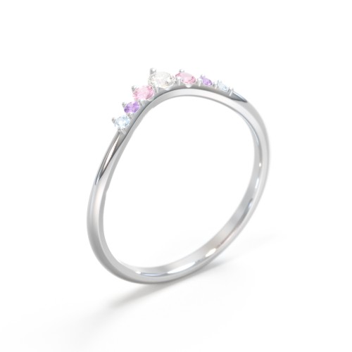 Curved Band with Tapered Accent Stones – 10K White Gold with Cubic Zirconia, Pink Tourmaline, Amethyst, and Blue Topaz