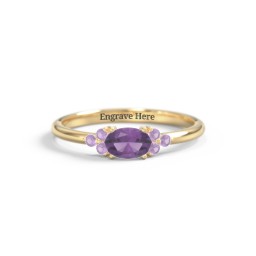 East-West Oval Gemstone Ring With Triple Side Stones in 18K Gold Plated Silver with Amethyst