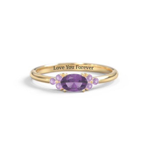 East-West Oval Gemstone Ring With Triple Side Stones – 18K Gold Plated Silver with Amethyst