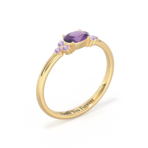 East-West Oval Gemstone Ring With Triple Side Stones – 18K Gold Plated Silver with Amethyst