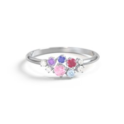 5-Stone Cluster Ring with Accent Stones in 10K Solid White Gold with Pink Tourmaline, Ruby, Blue Topaz, Blue Sapphire, Amethyst, and Cubic Zirconia