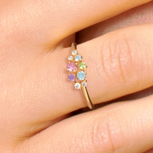 5-Stone Cluster Ring with Accent Stones – 10K White Gold with Pink Tourmaline, Ruby, Blue Topaz, Blue Sapphire, Amethyst, and Cubic Zirconia