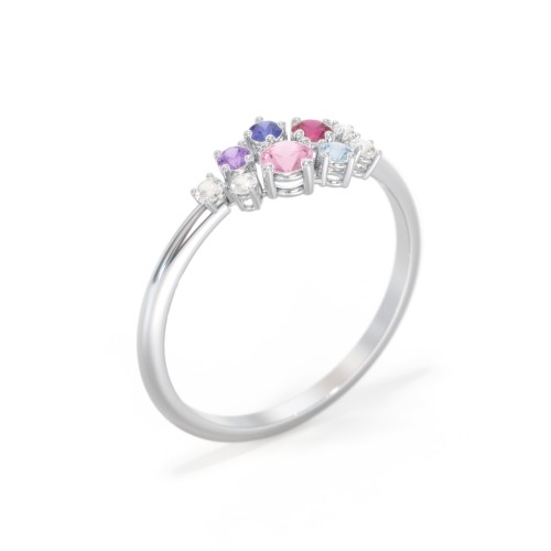 5-Stone Cluster Ring with Accent Stones – 10K White Gold with Pink Tourmaline, Ruby, Blue Topaz, Blue Sapphire, Amethyst, and Cubic Zirconia