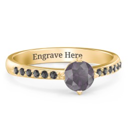 Center Round Stone Ring with Twin Accent Rows in 18K Gold Plated Silver with Alexandrite, Black Premium Zirconia, and White Premium Zirconia