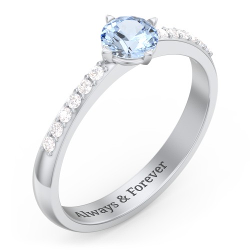 Center Round Stone Ring with Twin Accent Rows – Sterling Silver with Aquamarine and White Premium Zirconia