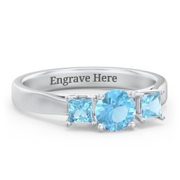 Three Stone Eternity with Princess Accents Ring in 925 Sterling Silver with Blue Topaz