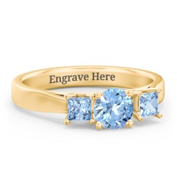 Three Stone Eternity with Princess Accents Ring in 10K Solid Yellow Gold with Blue Topaz
