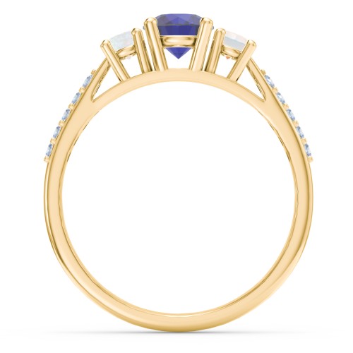 Three Stone Eternity Ring with Twin Accent Rows – 10K Yellow Gold with Blue Sapphire, Opal, and Fancy Blue Premium Zirconia