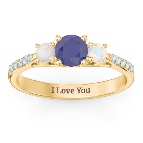 Three Stone Eternity Ring with Twin Accent Rows – 10K Yellow Gold with Blue Sapphire, Opal, and Fancy Blue Premium Zirconia